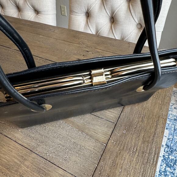 VTG 60's Black Accordion Pocket Snap Over Kisslock Handbag Double Straps Retro - Picture 12 of 16